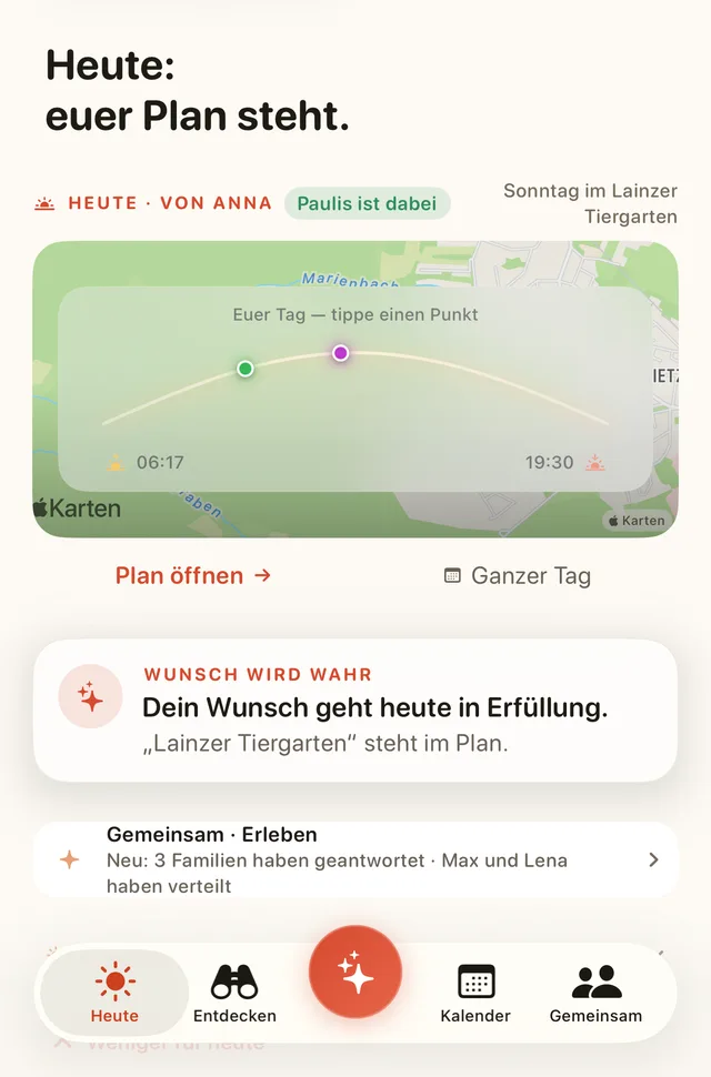Weekend Pilot App: Heute-Tab mit dem fertigen Familien-Samstag und einem erfüllten Wunsch