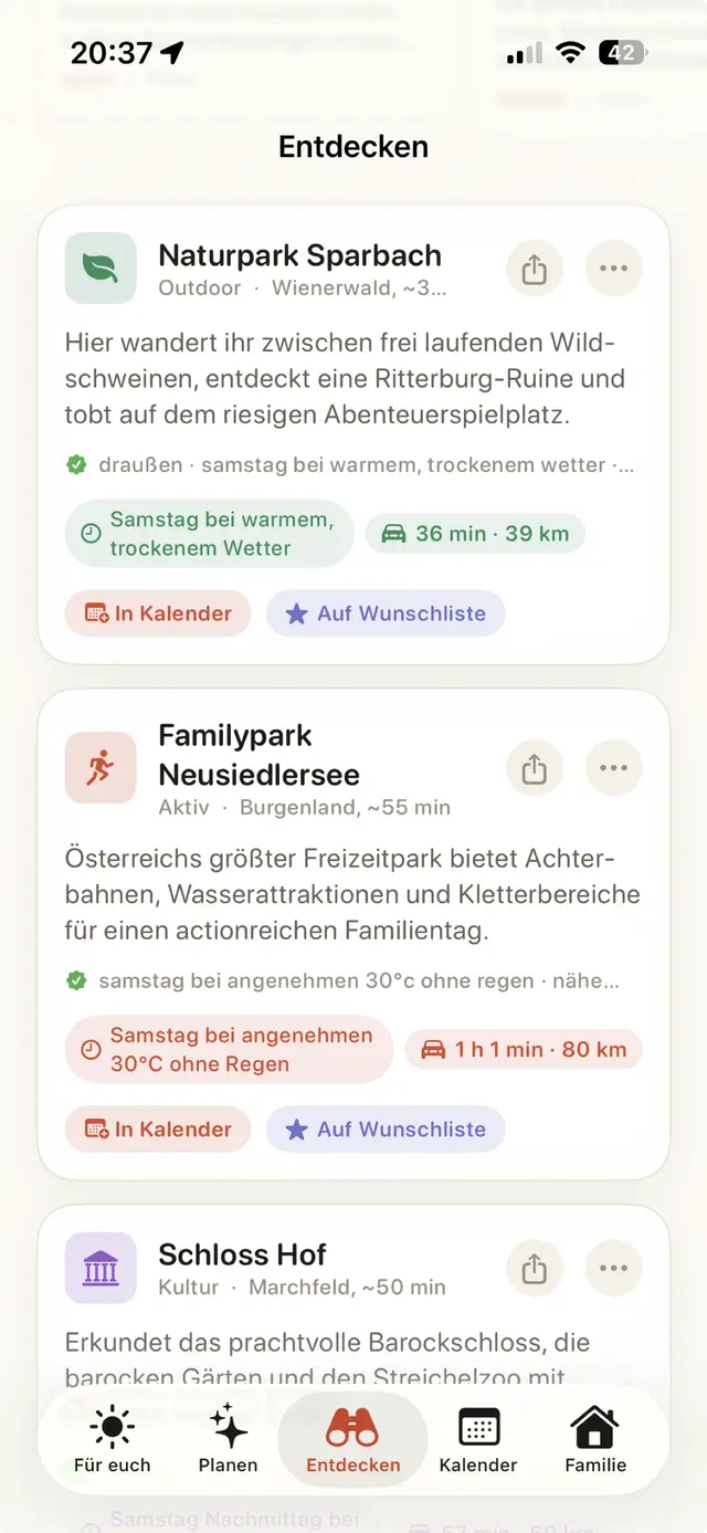 Weekend Pilot App: Entdecken-Tab mit echten Ausflugszielen, Wetter-Empfehlung und Fahrzeit