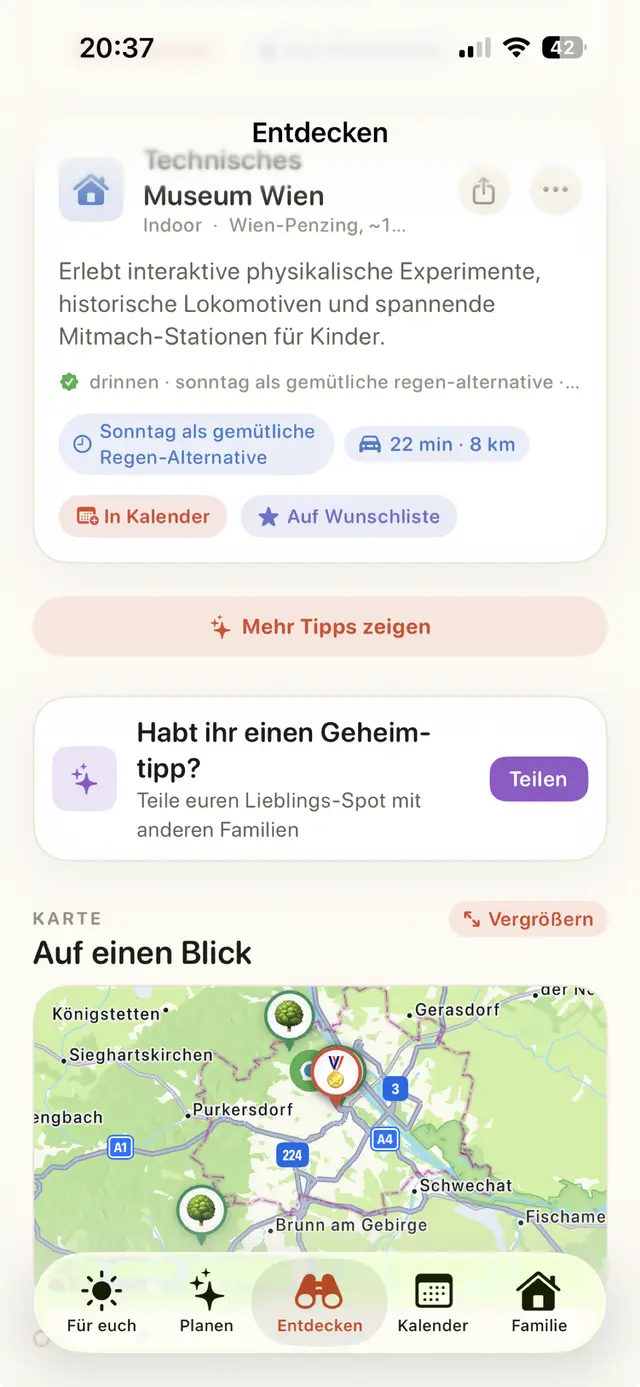 Weekend Pilot App: Kartenansicht aller Tipps und Geheimtipp-Teilen mit anderen Familien