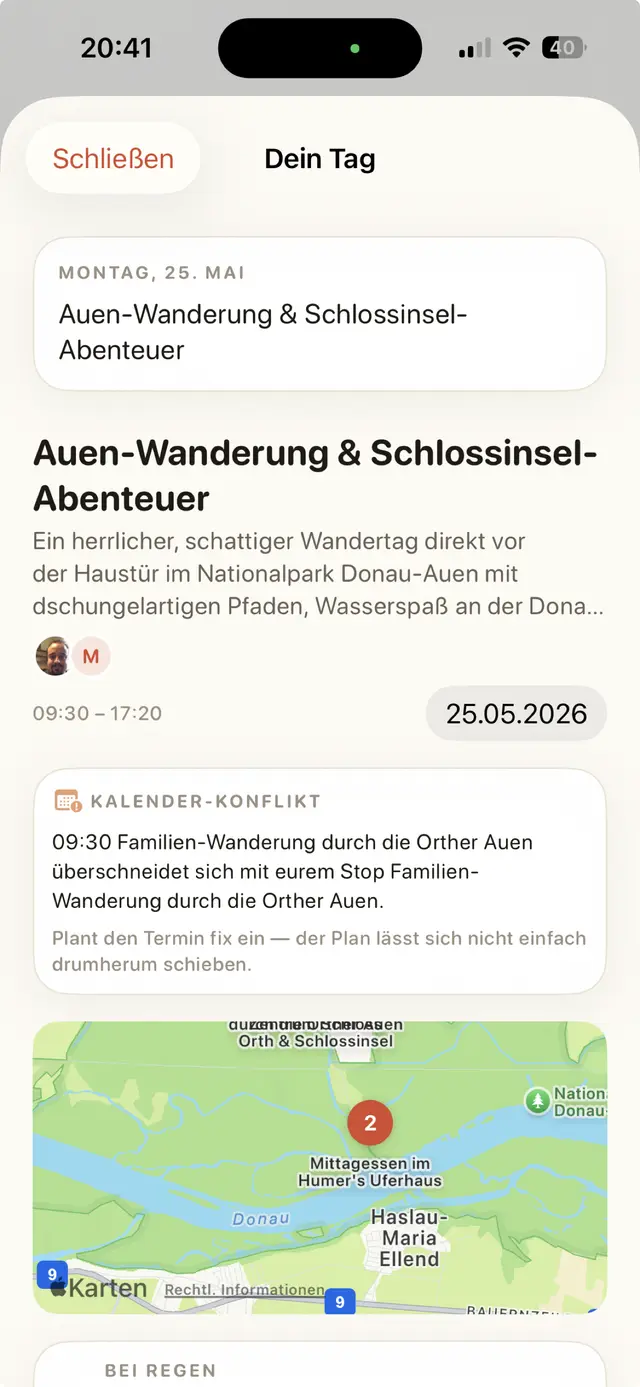 Weekend Pilot App: fertiger Tagesplan „Dein Tag" mit Karte, Zeiten und Kalender-Konflikt-Hinweis
