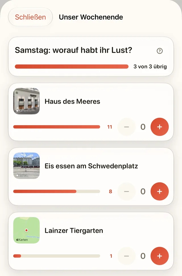 Weekend Pilot App: „Unser Wochenende“ — jedes Familienmitglied verteilt Punkte auf die Wünsche